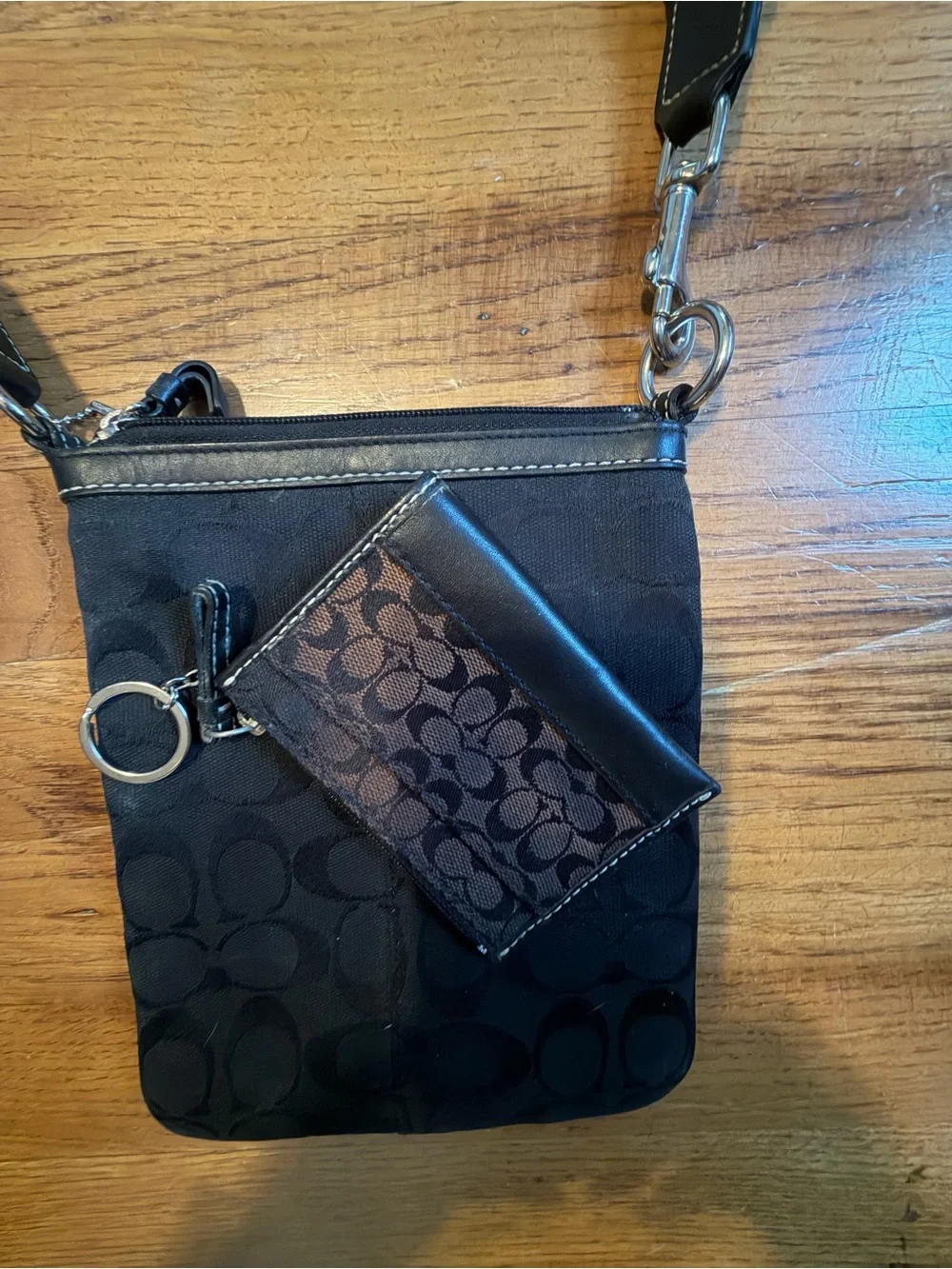 Coach Black Signature Crossbody Pouch with Leather Stripe